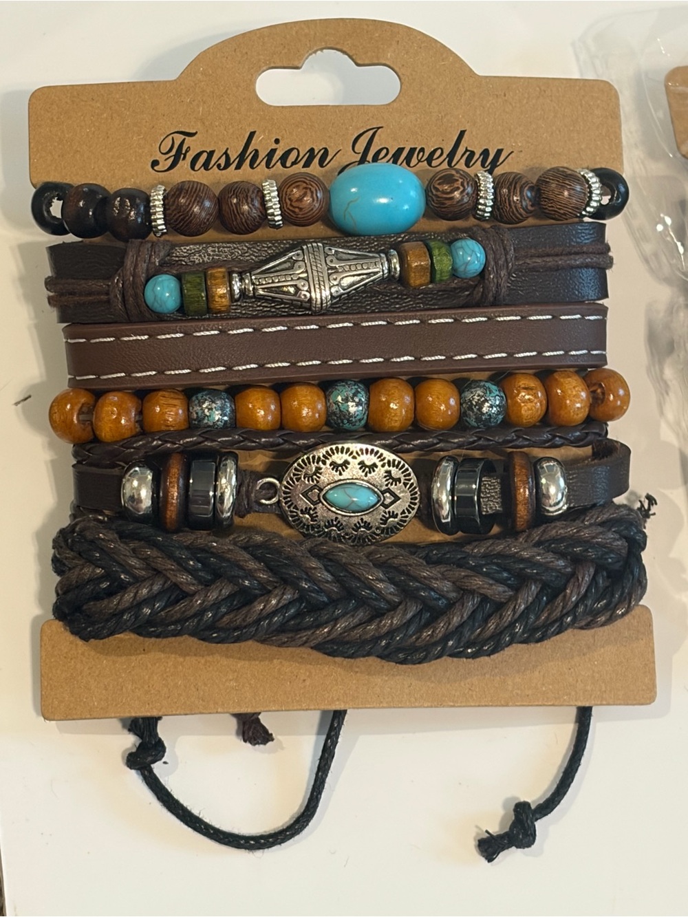 Bohemian Adjustable Leather Wood Bead Bracelet Set Turquoise Western Boho Buckle